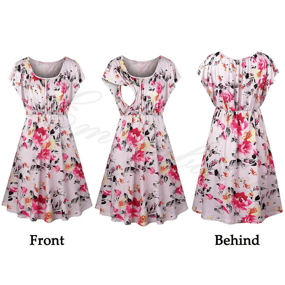 Платья для беременных с коротким рукавом оборками и круглым вырезом летняя мода