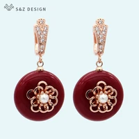 sz 2019 fashion oxblood red big round acrylic dangle earrings temperament 585 rose gold chinese style for women wedding jewelry