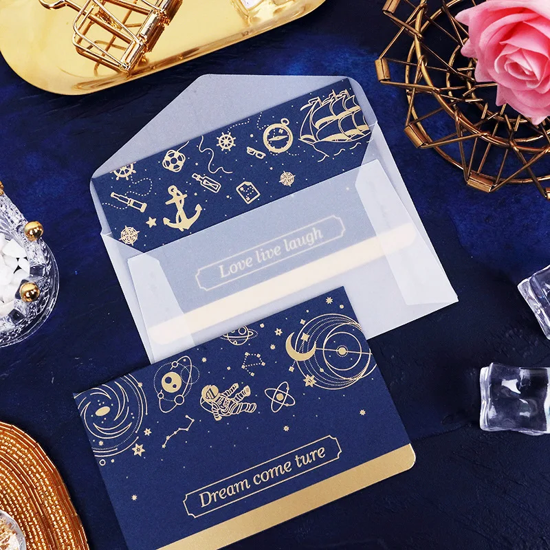 

Yisuremia 5PCS/Lot Space Star Vintage Metal Folding Stamping Greeting Card Postcard Birthday Message Letter Envelope Gift Cards