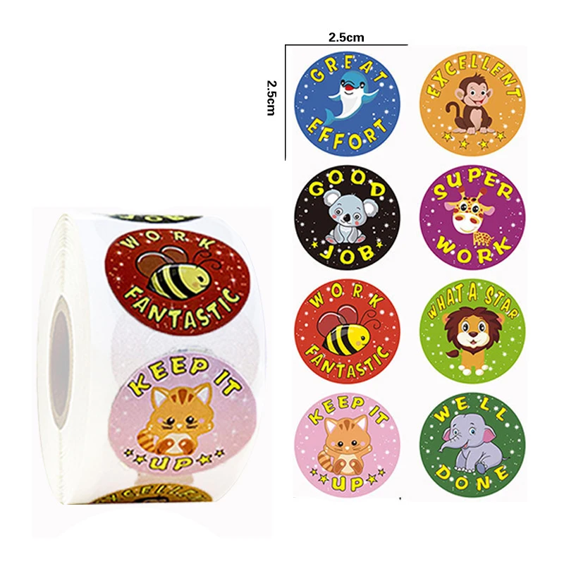 

500pcs/roll Kids Cute Animal Stickers 1inch Labels Reward Sticker For School Teacher Kids Smiley Children Stationery Sticker
