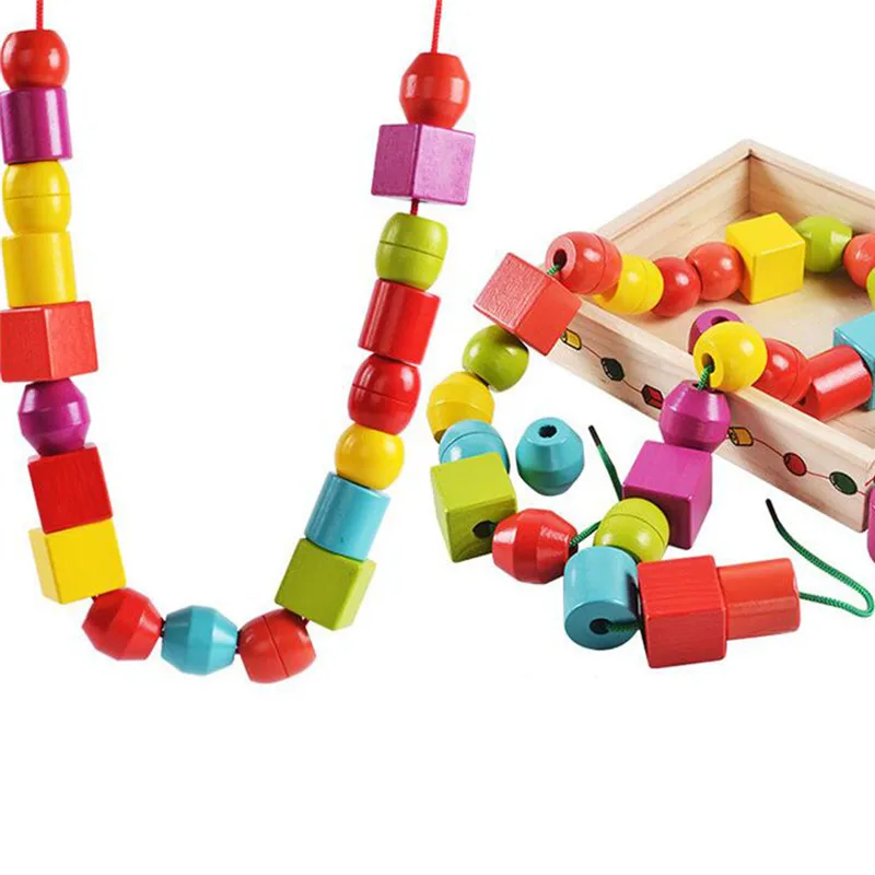 

Wooden Educational Block Toys Geometric Assembling Blocks 30Pcs String Shape Beads Sequencing Box Color Geometrical