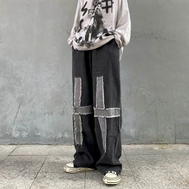 

GODLIKEU Men Wide Leg Jeans Dark Black High Street Cross Loose Goth Pants Wash Patchwork Straight Baggy Punk Toursers