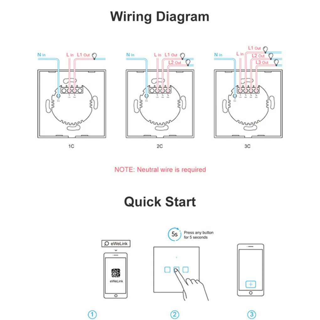 Умный настенный сенсорный выключатель Sonoff T1EU Wi Fi 1/2/3 Gang 433 МГц RF/Voice/APP/Touch