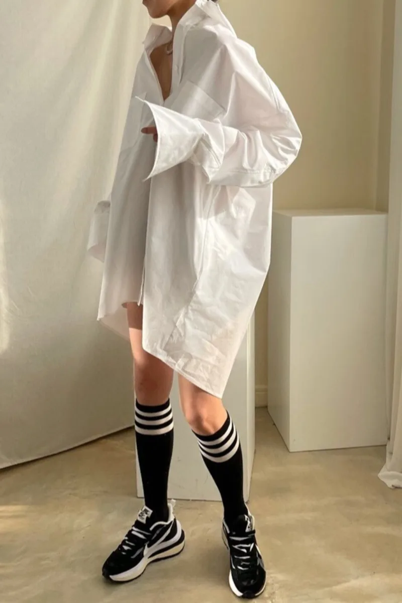 

2021 Spring and Summer New Korean Pure Color BF Style Loose Long Sleeve Shirt High Waist Bud Pocket Skirt Suit Two-Piece Set