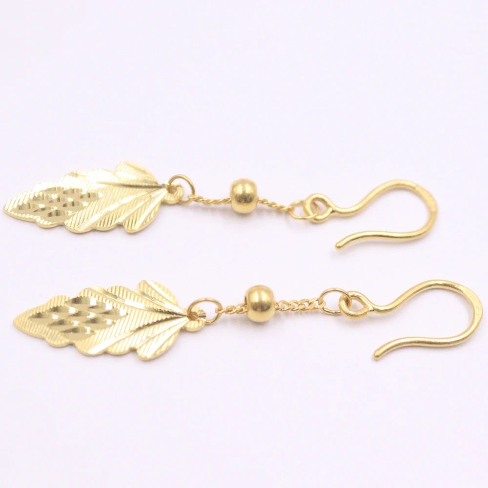 

Real Solid 24K Yellow Gold Earrings Women Luck Leaf Dangle Earrings 4.9-5.2g 52x10mm