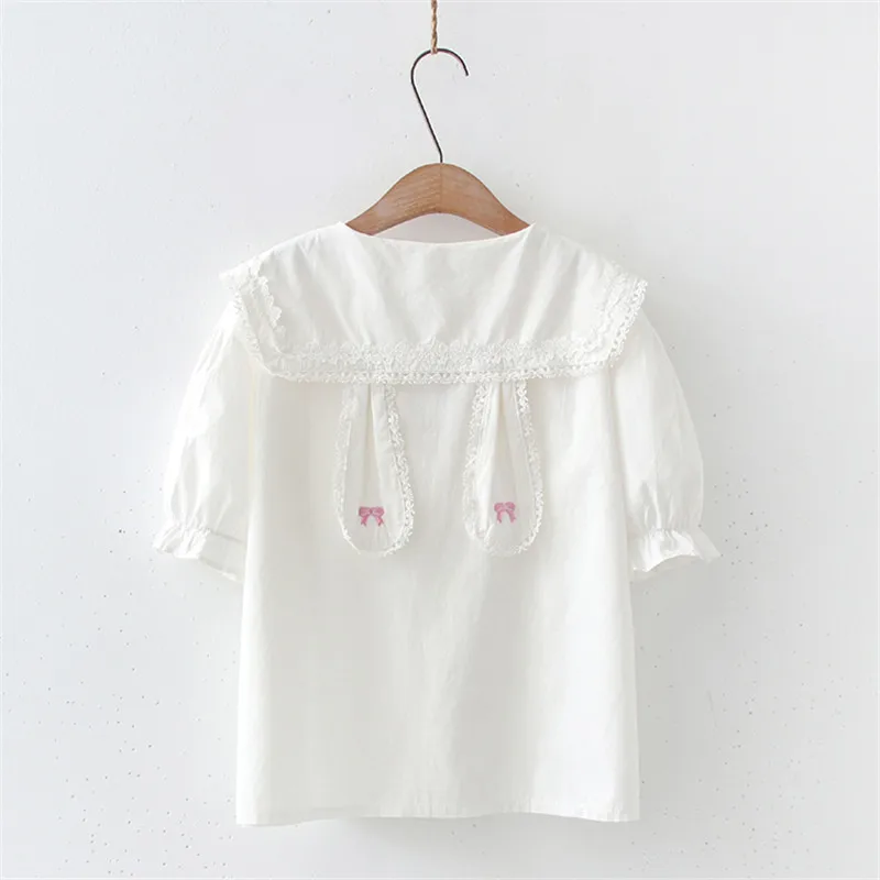 

2021 Lolita Style Summer Women White Shirt Peter Pan Collar With Lace Bow Embroidery Cute Blouse Kawaii Bunny Baggy JK Blusa Top