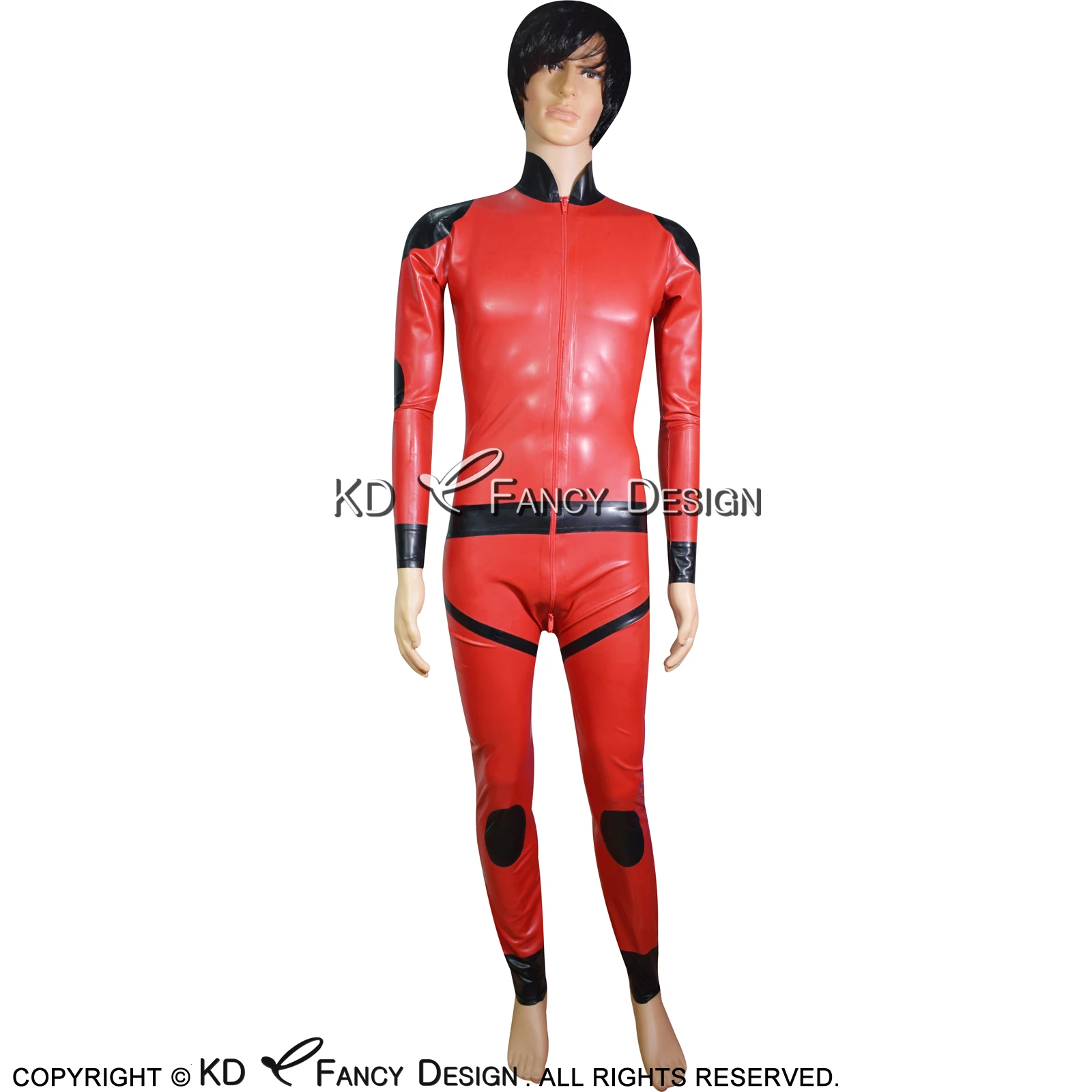 

Black And Red Sexy Latex Catsuit With Fake Trims Of Belt Elbow Knee Pads Rubber Bodysuit Zentai Overall Body Suit LTY-0154