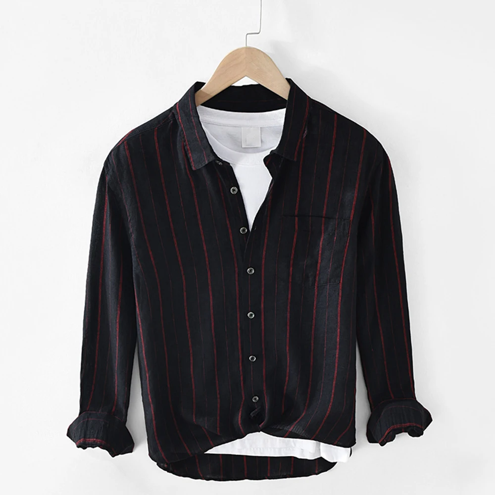 Men Spring Summer Fashion Japan Style Striped Cotton Linen Shirt Male Casual Long Sleeve White Shirt Cloth