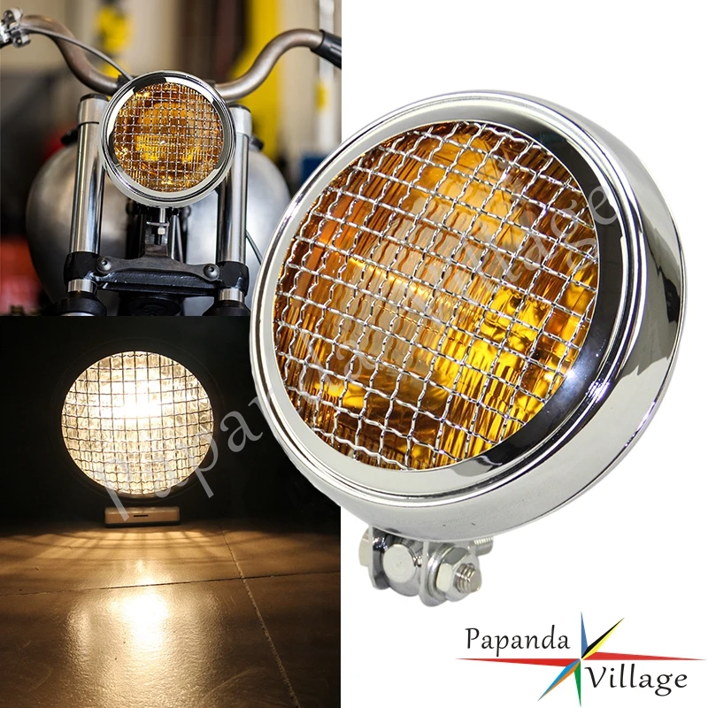 

12V 60/60W 5.75 Inch Motorcycle Grill Headlight Mesh Grill Cover Retro Amber Headlamp For Cafe Racer Bobber Chopper Old School
