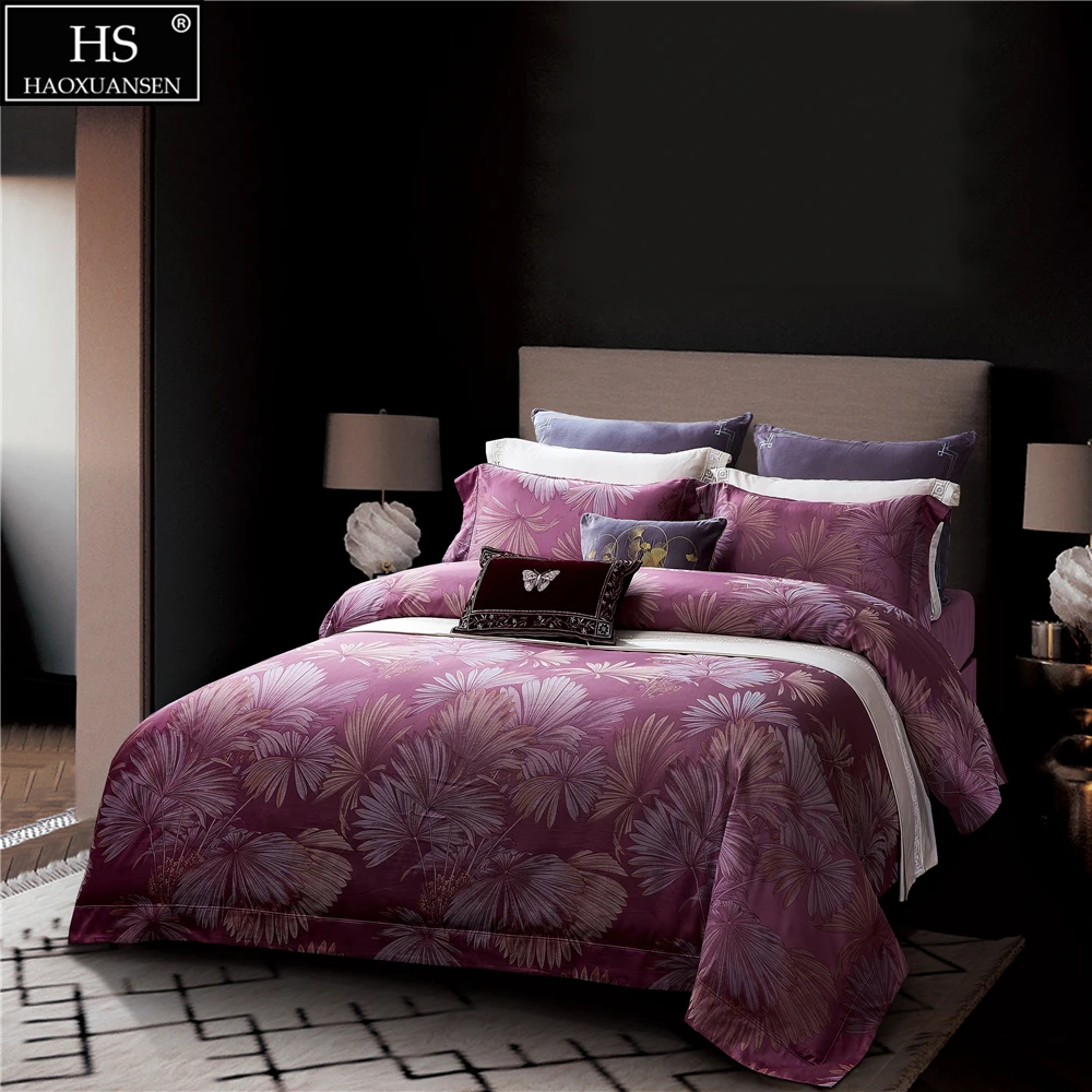 

Фиолетовый тканевый жаккардовый постельные принадлежности с изображением листьев с изображением таинственной ладони, наволочка из египет...