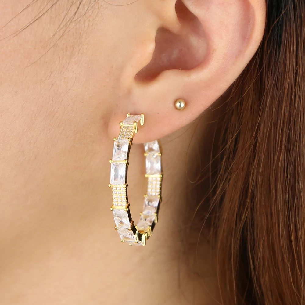 geometric square baguette cz pastel colorful huggie hoop earring stunning trendy women jewelry