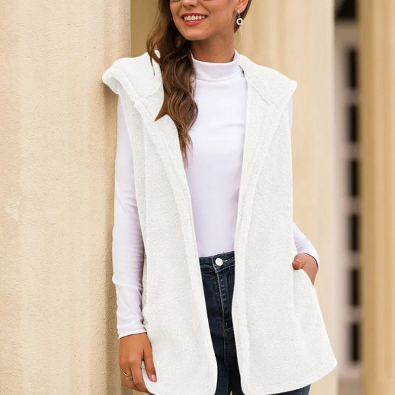 

Жилет женский из искусственного меха, пушистый теплый кардиган с капюшоном и карманами, большие размеры 2XL, Осень-зима 2021