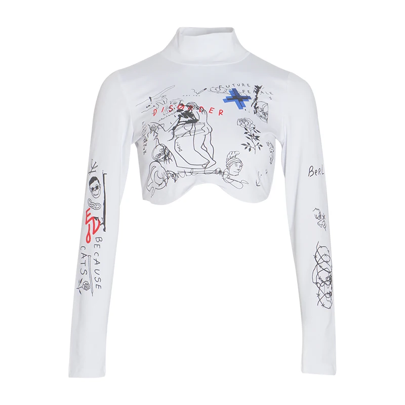 GALCAUR принт мультфильм женские футболки стоячий воротник с длинным рукавом Уличная женская рубашка летняя модная новая одежда
