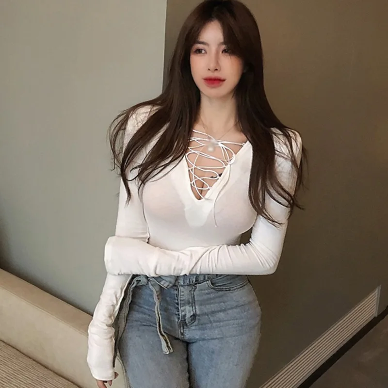 Женские футболки Сексуальная футболка с глубоким v-образным вырезом тонкая