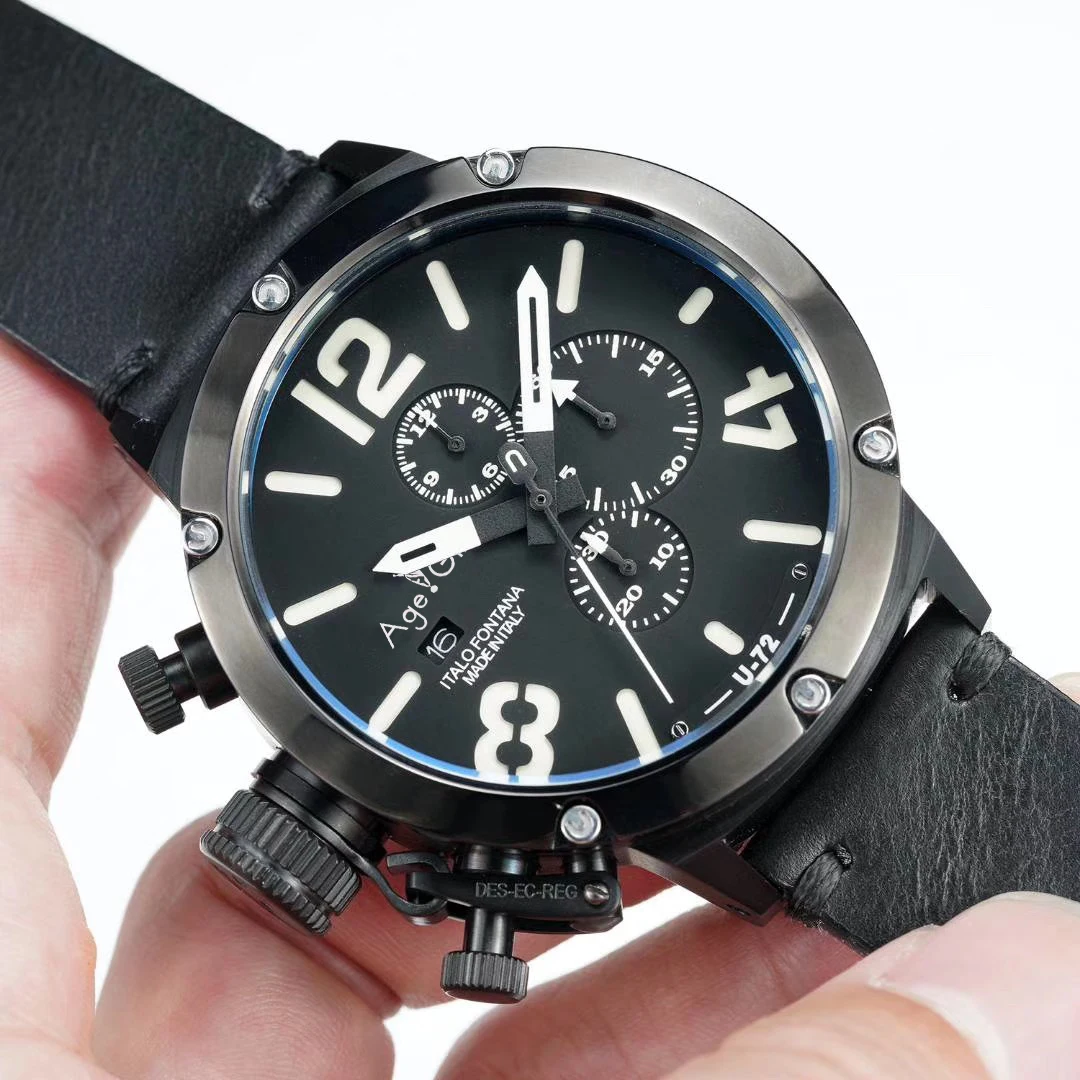 Совершенно Секундомер-хронограф для мужчин U CHRONOMETER U72 Chimera Состаренный коричневый корова черный корпус кожа лодка часы сапфир Оранжевый Белый