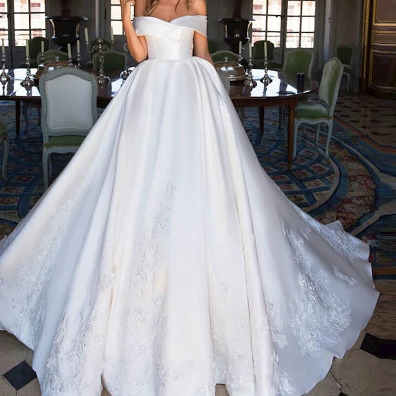 

2021 кружевные свадебные платья с открытыми плечами, Атласное Бальное Платье, Свадебные платья без рукавов, с открытой спиной, свадебные плат...