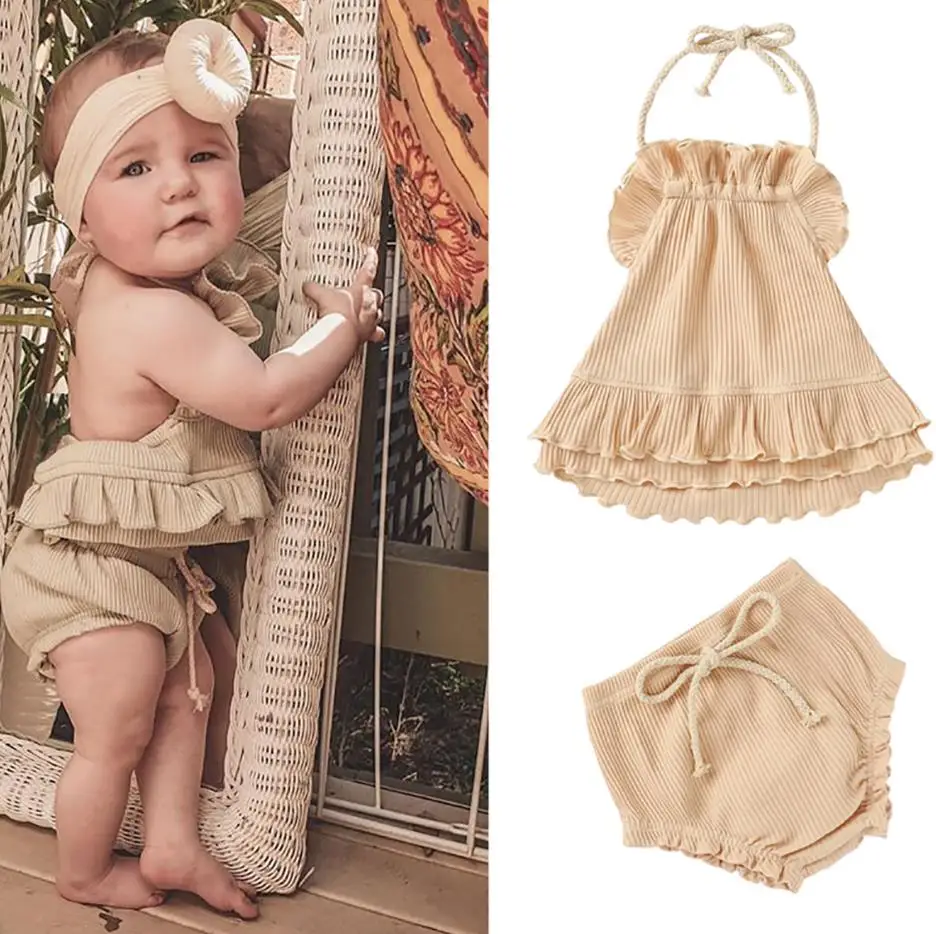 

Summer Infants Knitting Halter Backless Dress Shorts Elastic Flouncing Hem Baby Girl Clothes Set