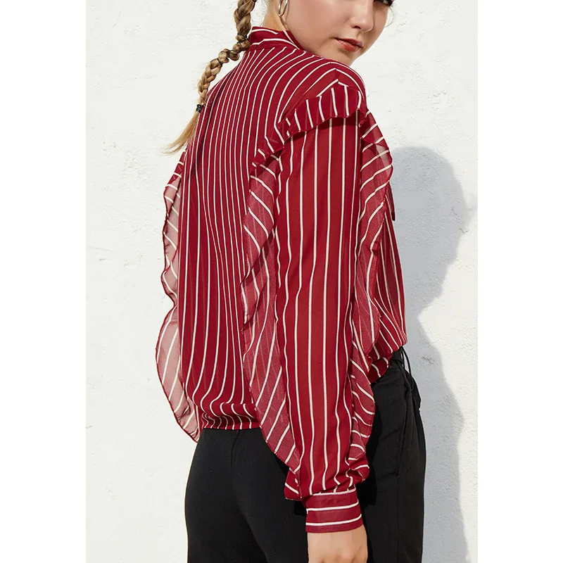 

Long Sleeve Women's Shirt Office Lady Simple Strip Printed Tees Red Tops and Blouses for Girls