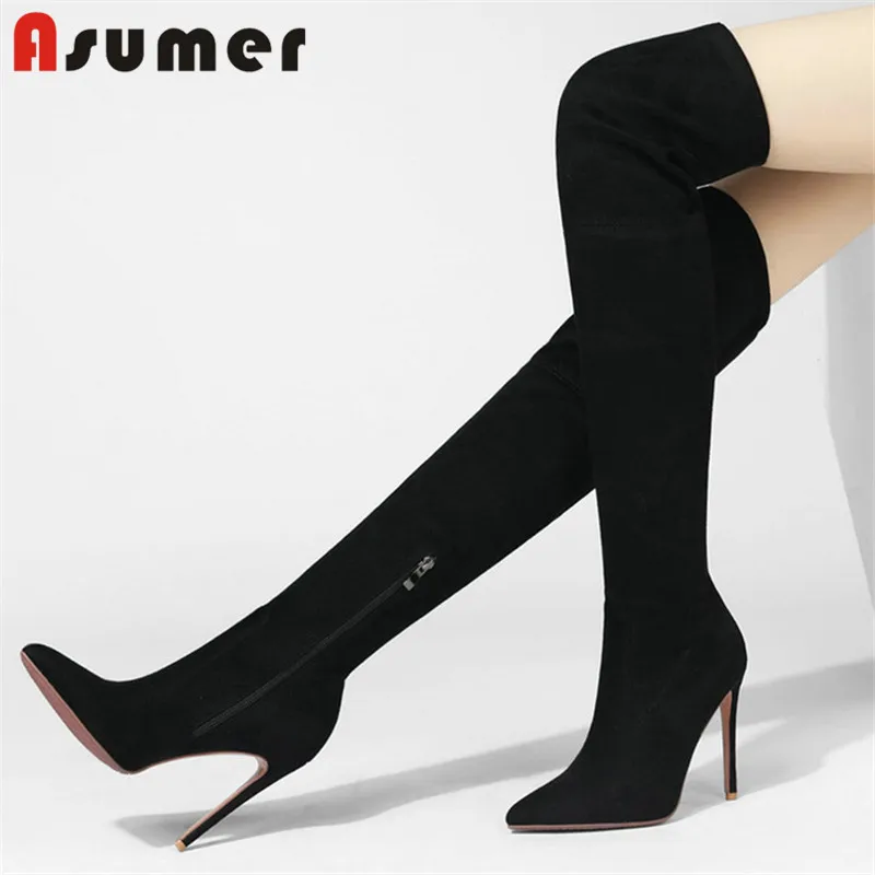 ASUMER/Лидер продаж Женские ботфорты из флока на молнии с острым носком Пикантные