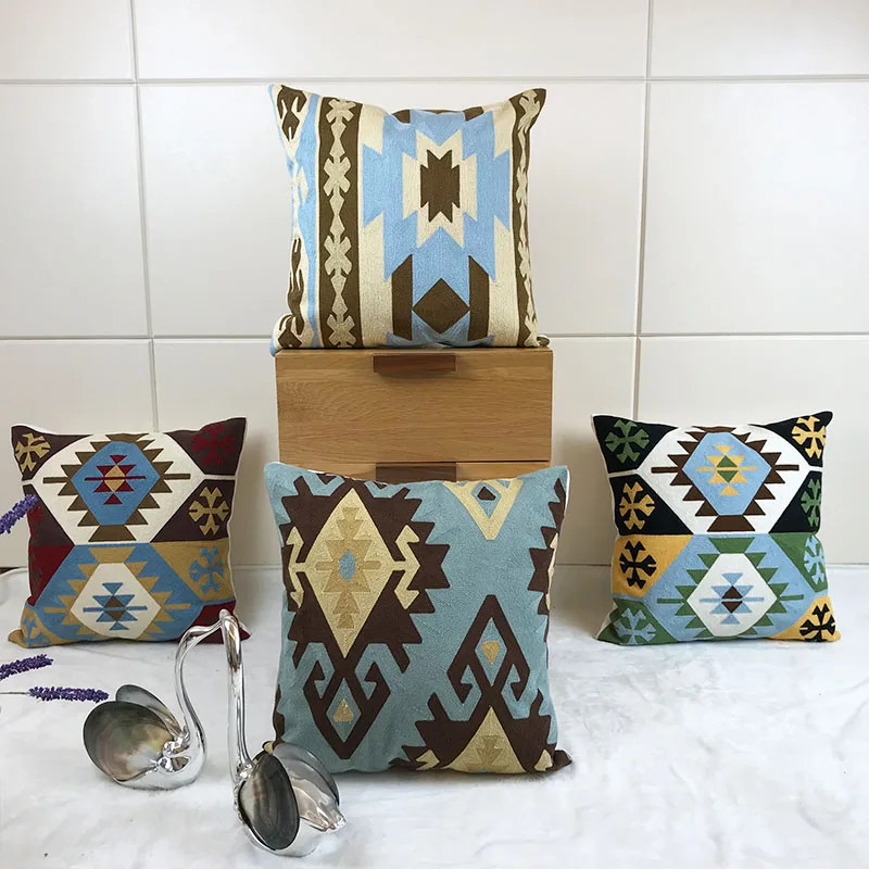 Наволочка для подушки с вышивкой Kilim серый синий геометрический холст хлопковая
