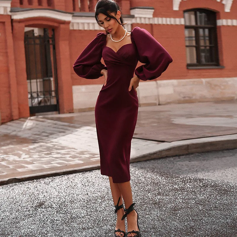 

Christmas party night Basic Elegant midi dresses sexy pure V Neck off shoulder bodycon dress For women clubwear