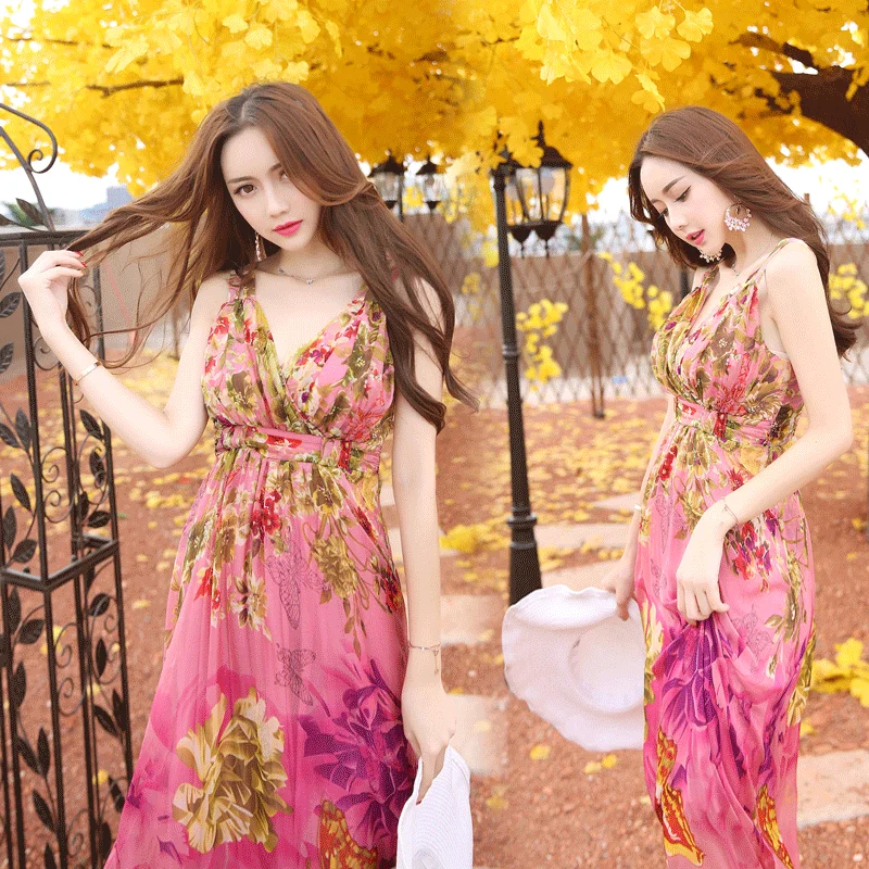 

Silk dress suspender sexy red backless silk dress Bohemian Beach Resort skirt