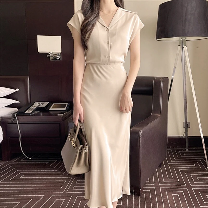 

Kimotimo Two Piece Set Women Korean Lightly Ripe Turn Down Collar Single Breasted Short Sleeve Shirt + Empire Split Long Skirt