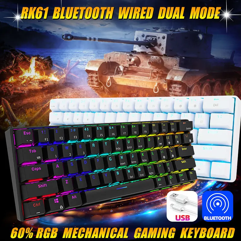

RK61 эргономичный bluetooth Проводной Двойной режим 60% RGB светильник Механическая игровая клавиатура для ноутбука планшет или мобильные телефоны