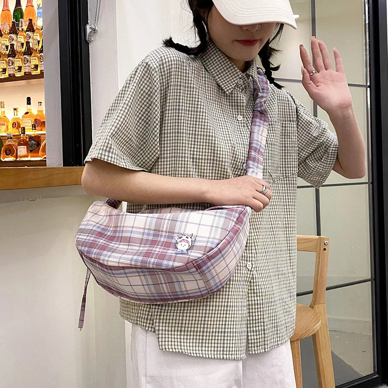 

Simple Casual women Shoulder messenger Bags Large Capacity Nylon Plaid Female hobos Bag lady Totes Harajuku Cartoon Travel bag