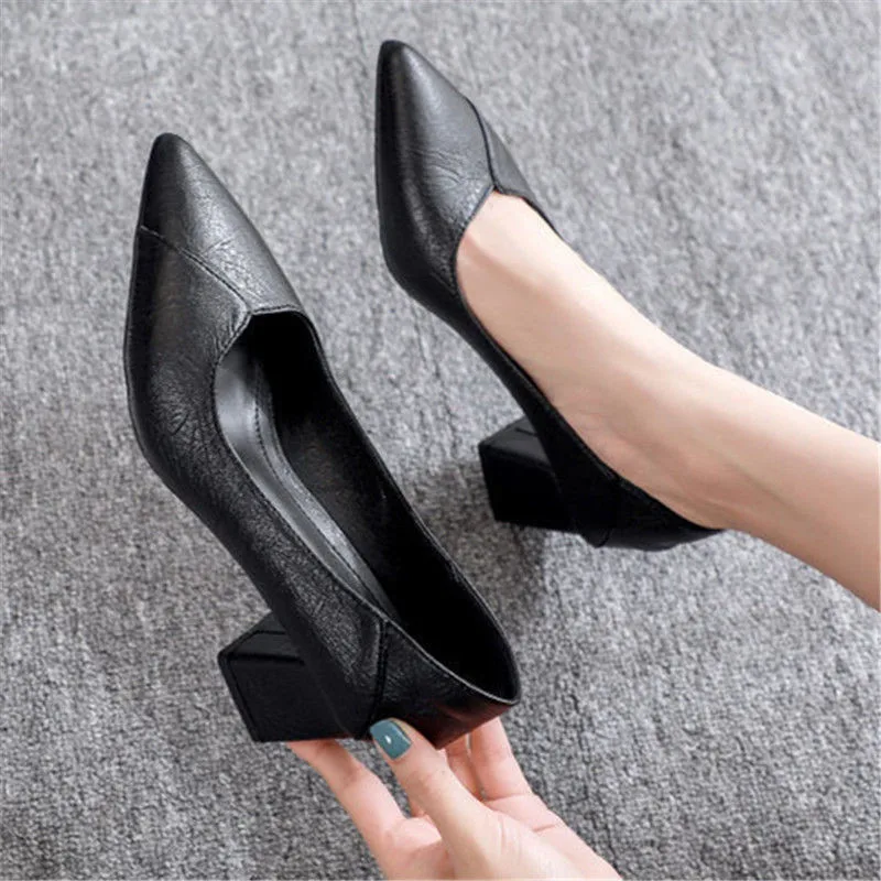 

Square Heels Pumps Shoes for Women Black Soft Leather Poin Toe Heel Spring Autunm Women's OL Office Elegance Shoes 5cm Mujer