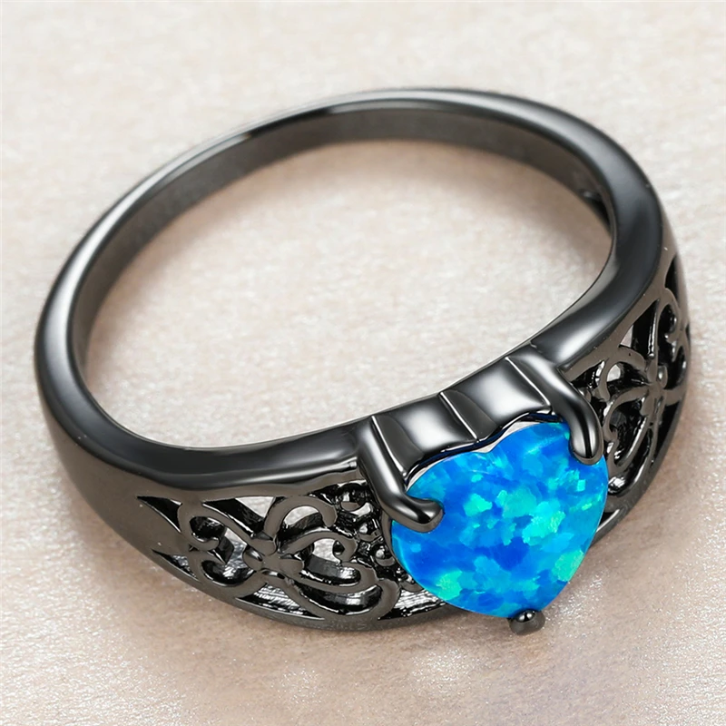 

Dainty Female Blue Opal Stone Ring Charm 14KT Black Gold Thin Wedding Rings For Women Luxury Bride Love Heart Engagement Ring