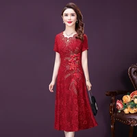 summer red wedding dress for middle aged old mothers embroidery elastic plus size 5xl robe femme bodycon dresses diamonds