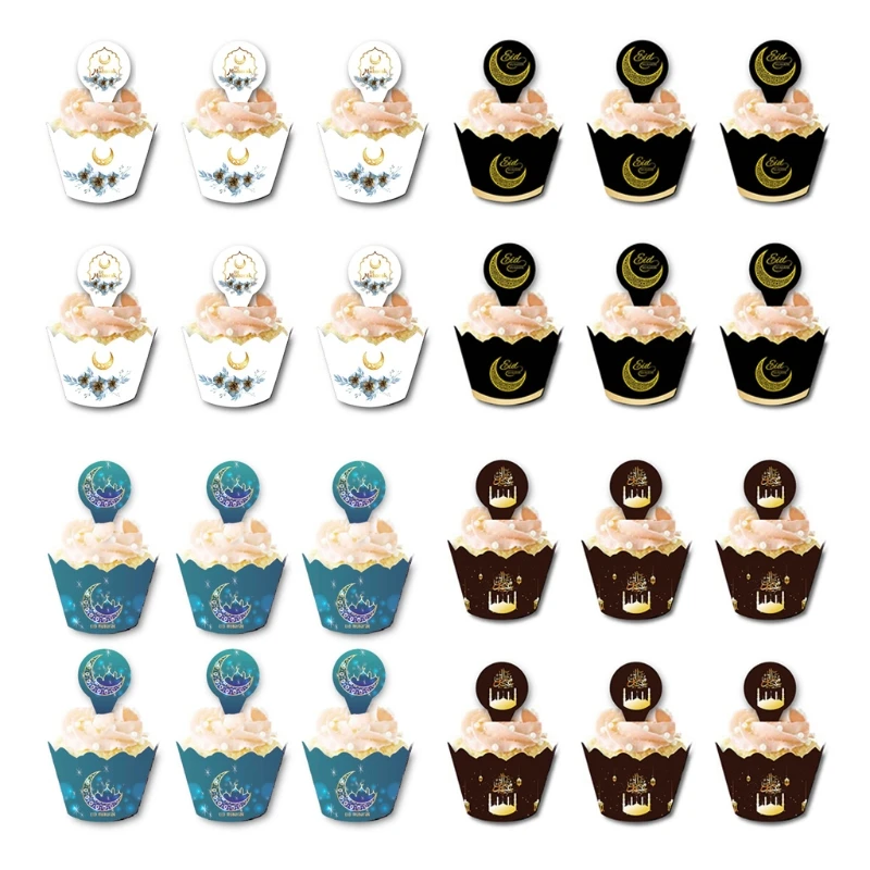

12pcs/set Eid Mubarak Cupcake Toppers Cake Cups Wrappers Ramadan Festival Islamic Muslim Party Decoration