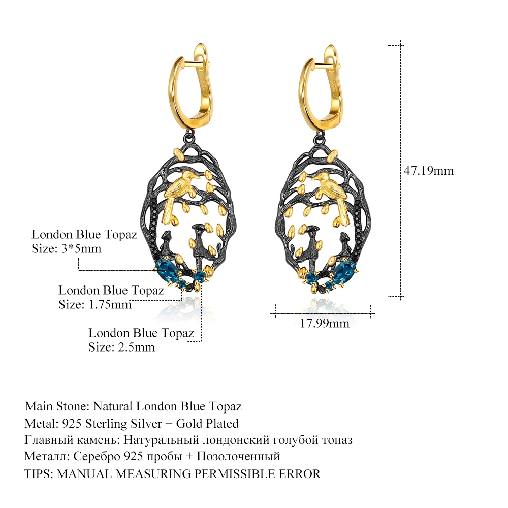 

GEM'S BALLET 925 Silver two tone Handmade Natural London Blue Topaz Women's Gemstone Earrings Love Poem Series Romantic Earrings