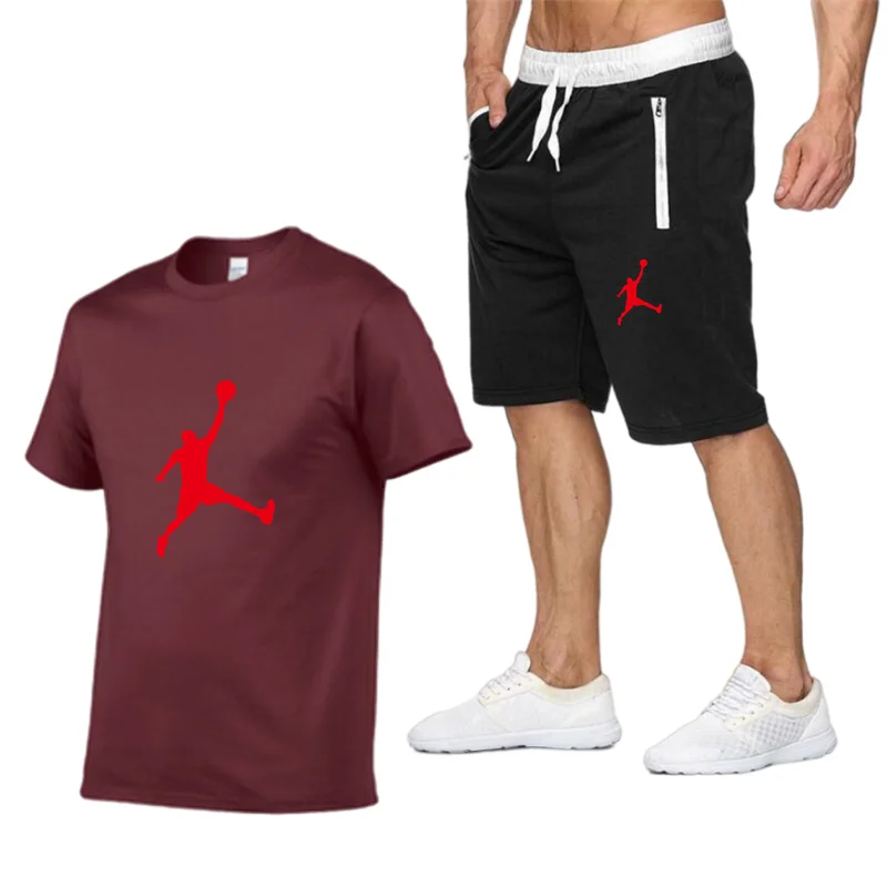 

2021New men's 100% cotton T-shirt + sports shorts 2-piece combination, men's - brand leisure suit, plus size sports suit