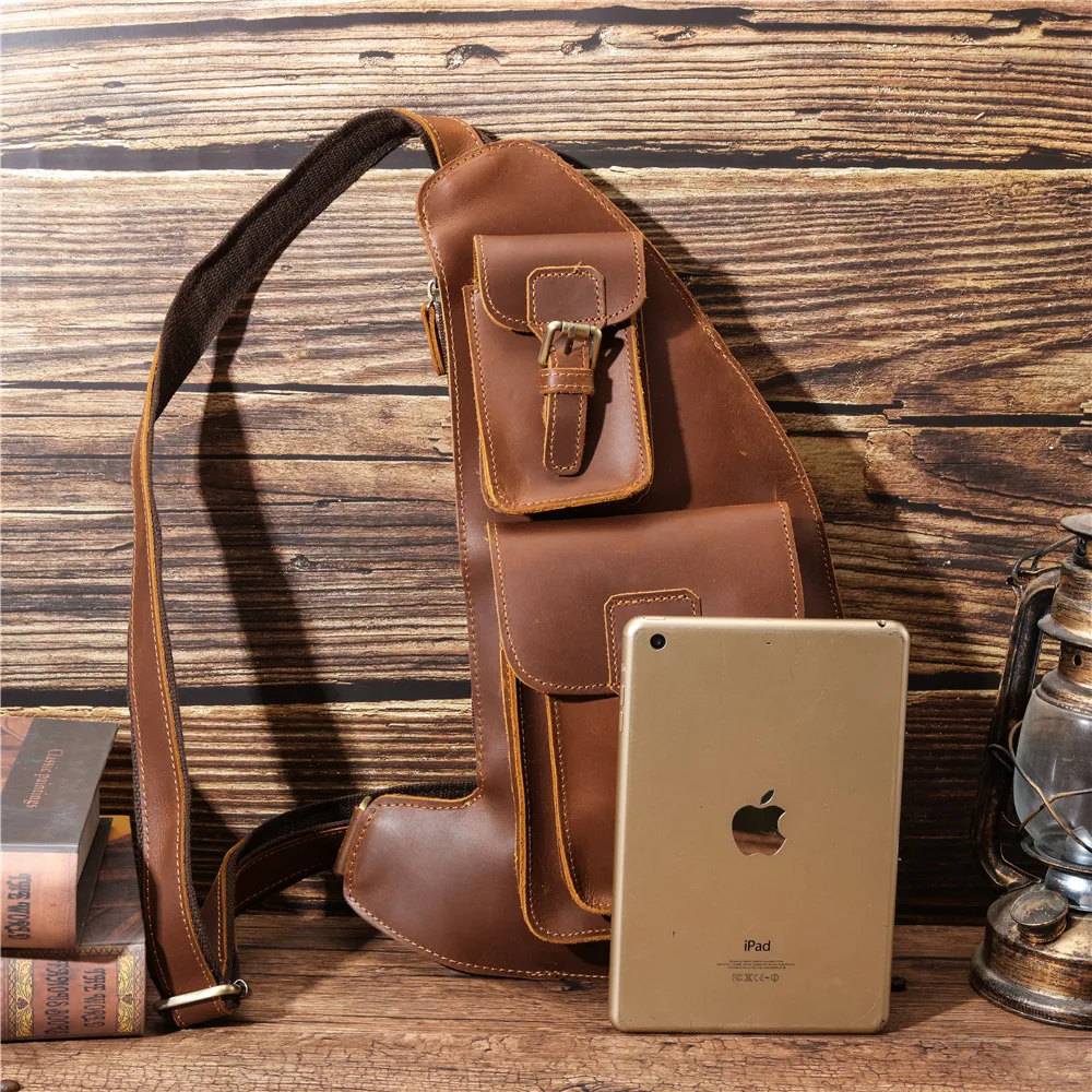 Genuine Leather Men's Chest Bag Top Layer Cowhide Shoulder Bag Fashion Casual Sports Messenger Large Capacity Mobile Phone Bag