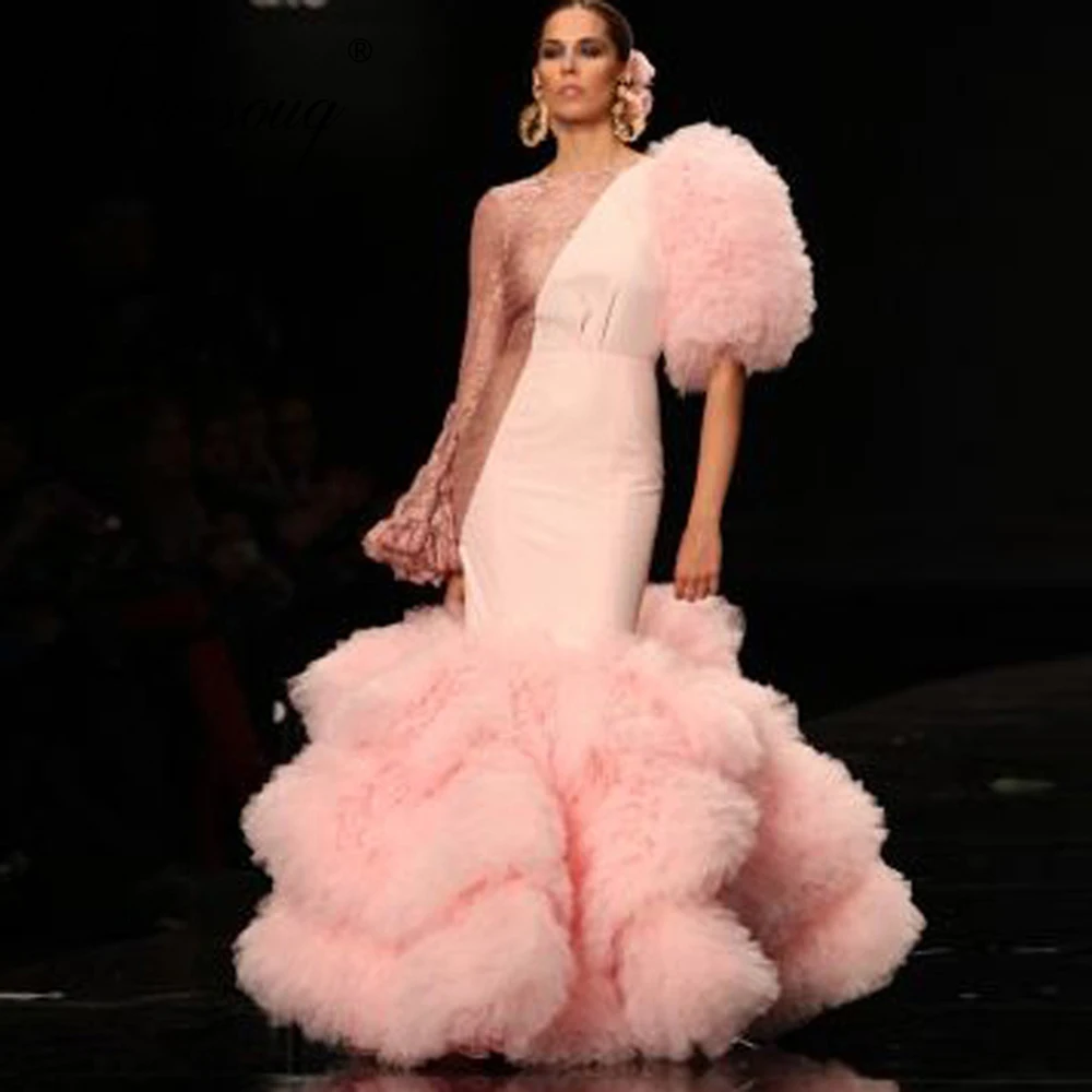 

Женское вечернее платье с юбкой-годе, розовое кружевное платье с одним открытым плечом и оборками, платье для выпускного вечера