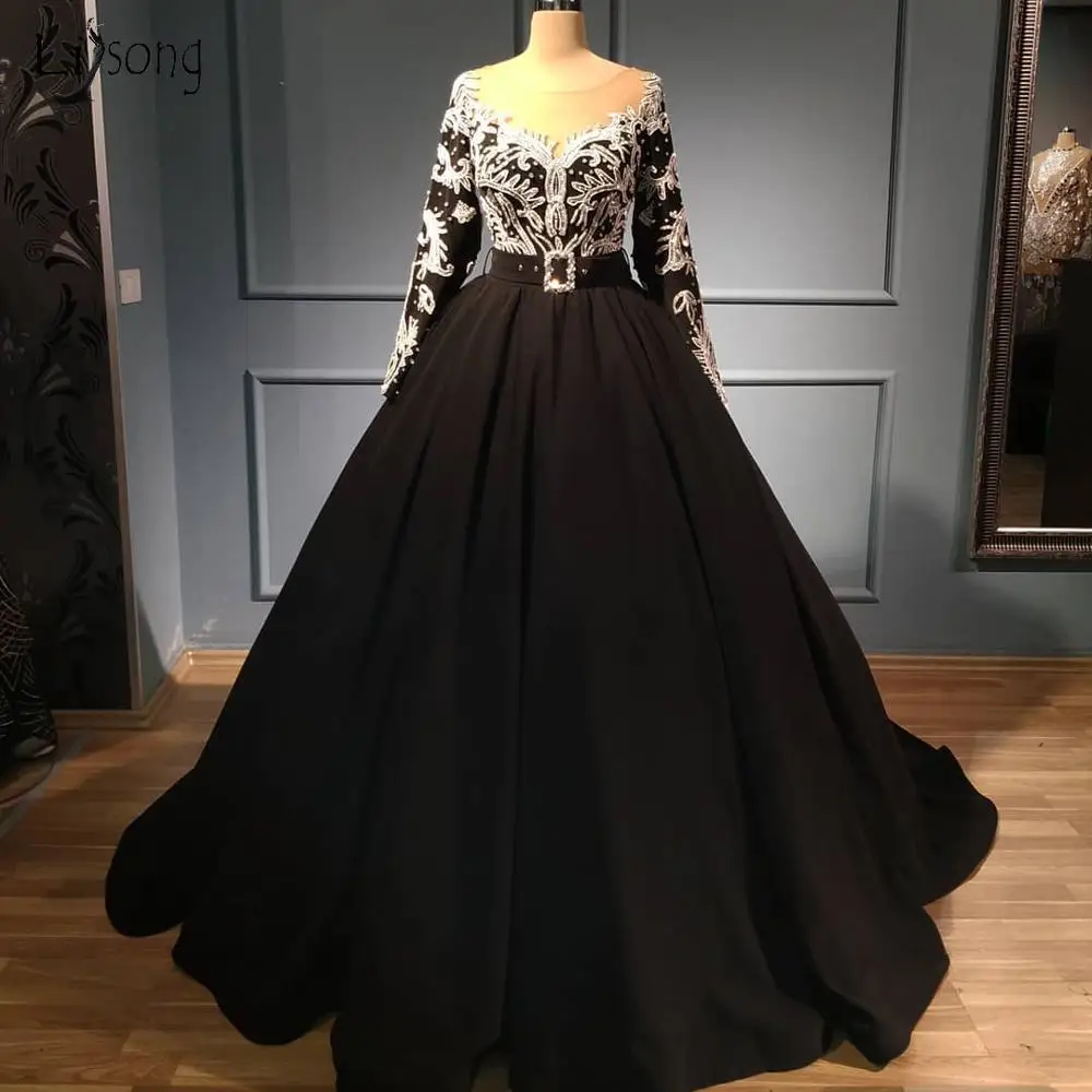 

Gothic Black A-line Prom Dresses Full Sleeves Modest Prom Gowns Appliques Beaded Long Evening Dresses Robe De Soiree Real Image