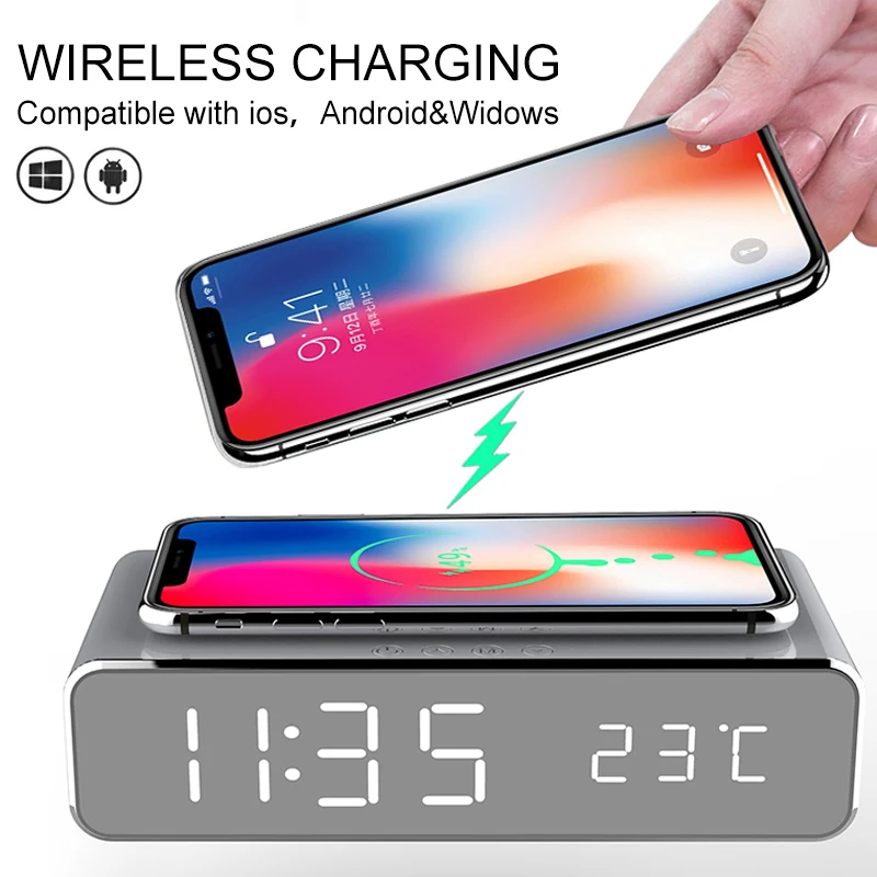 

LED Electric Alarm Clock Digital Thermometer Clock HD Mirror Clock With Phone Wireless Charger Pad And Date For IPhone Xiaomi