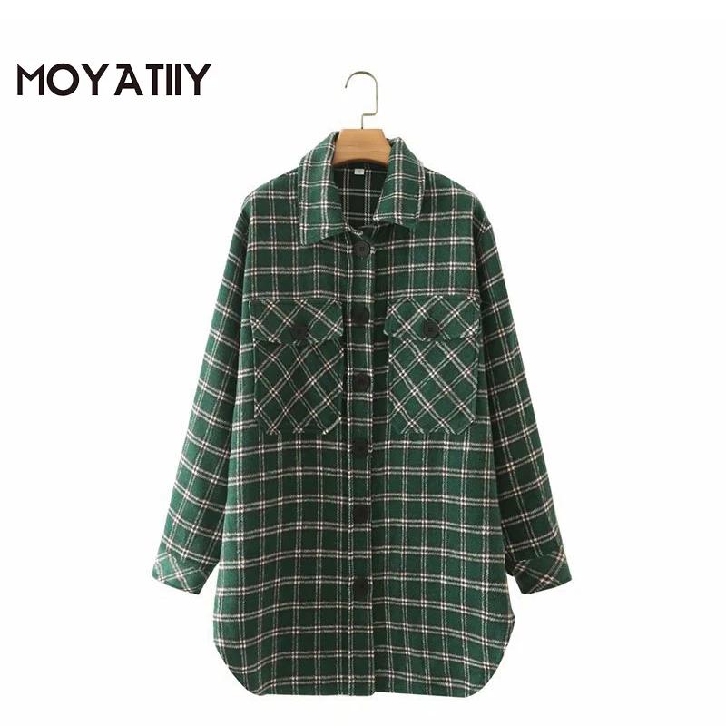 

MOYATIIY Женская мода 2021 оверсайз шерстяная Толстая куртка пальто элегантные зеленые клетчатые Длинные Стильные куртки с большими карманами ж...