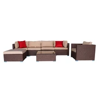 US Warehouse Patio Furniture Set 7 Pieces Wood Grain Patio PE Wicker Rattan Corner Sofa Set Outdoor Furniture Set
