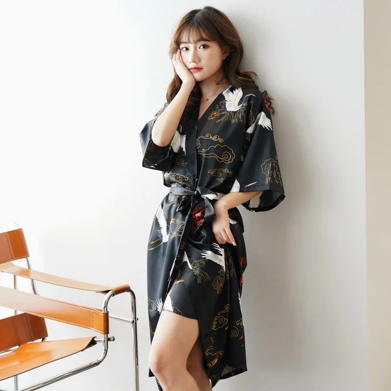 

Satin Nightgown Print Crane Kimono Morning Robe Gown Sexy Ice Silk Bathrobe Suit V-Neck Nightdress Intimate Lingeire With Bow