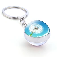 flowers jewelry dandelion pattern double side glass cabochon pendent keychain fashion double side glass ball keyring