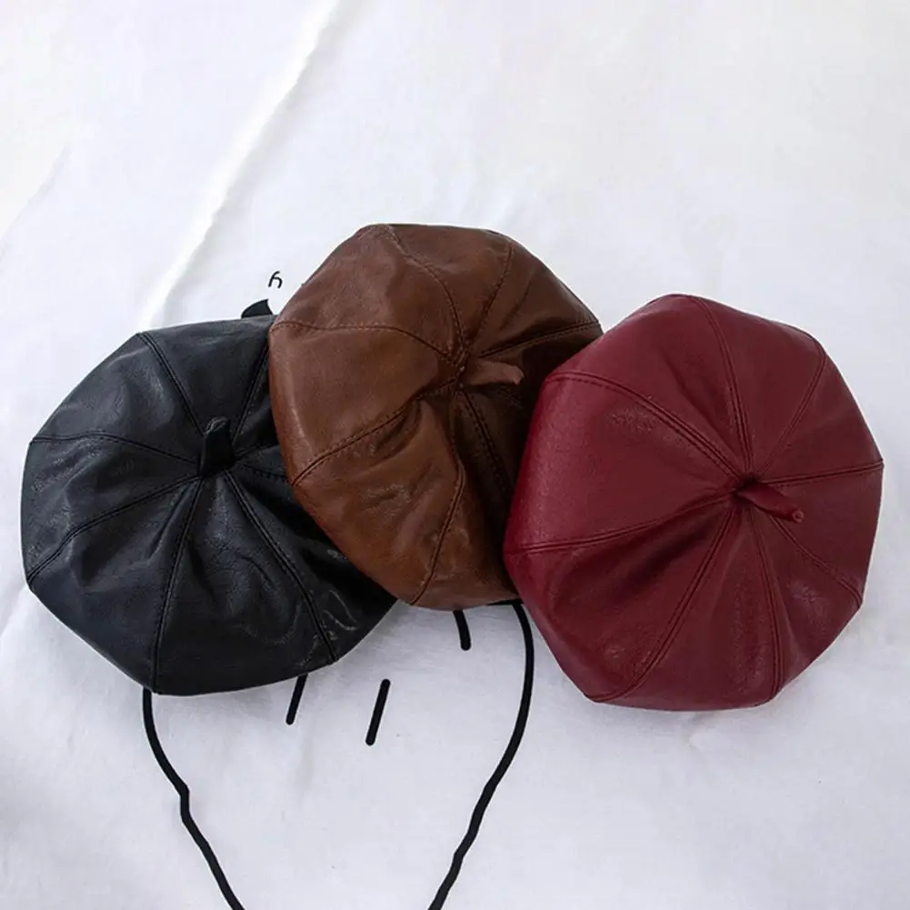 

Beret Hat Fashion Solid Color Faux Leather No Brim Dome French Women Beret Hat for Party