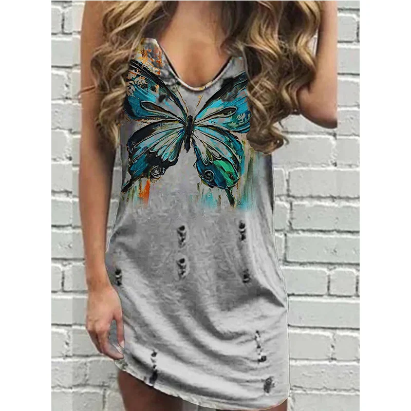 

Summer New Casual Sleeveless Straight Printed Dress Women's Loose XL Fashion Sexy Short Skirt