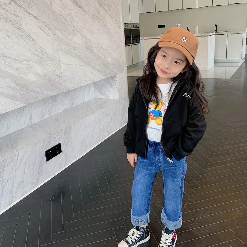 

Girls' coat spring new children's cartoon hooded solid color hoodies cardigan top fashion 11-99