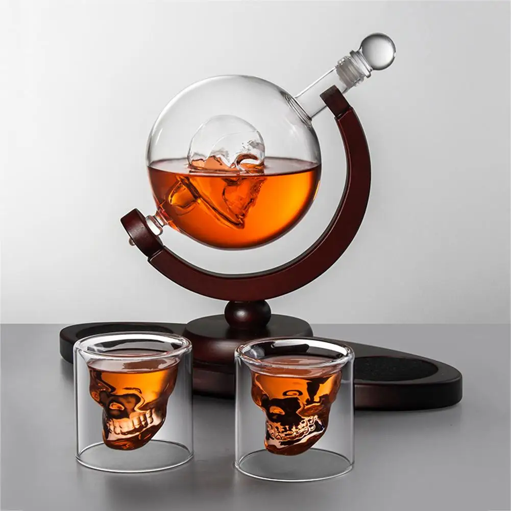 

1 Pcs Whiskey Decanter Skull Whiskey Dispenser For Liquor Bourbon Vodka Globe Decanter With Finished Wood Stand
