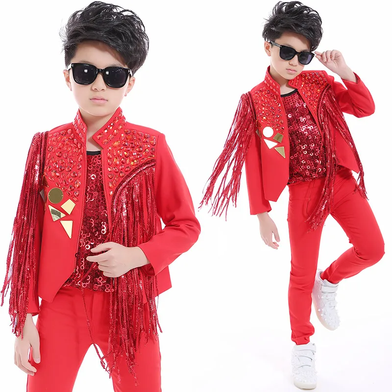 Танцевальные костюмы в стиле хип-хоп для мальчиков серебряное пальто с бахромой