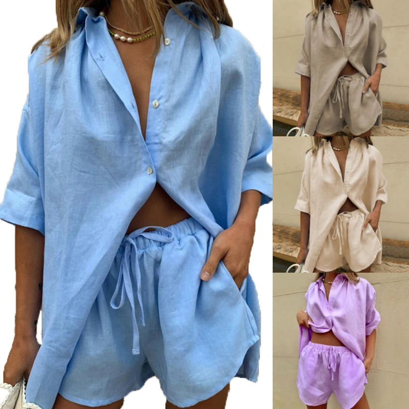 

Shirt Set Women Casual Lapel Single-breasted Solid Short Sleeve Shirt And Shorts Sets 2 Piece Summer Pants Sets