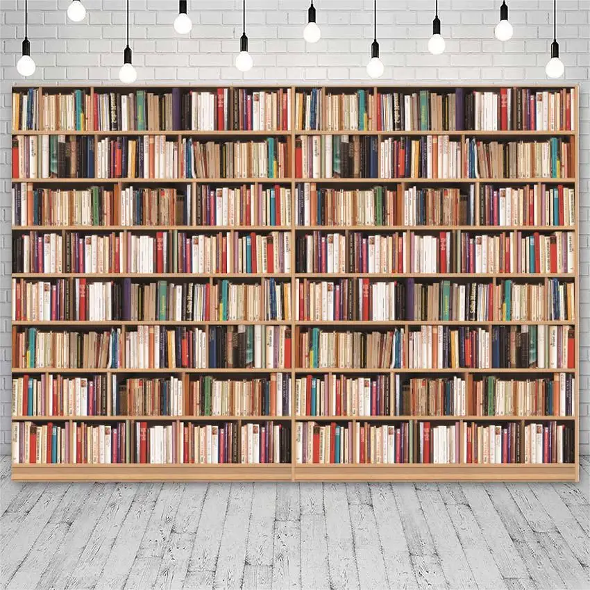

Фон для детской фотосъемки с изображением библиотеки деревянной книжной полки